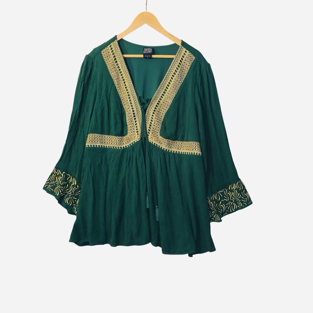 House of Dragons Embroidered Green Tunic Gold Trim Long Sleeve Size 2